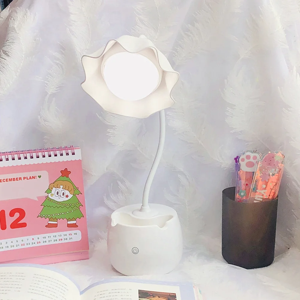 

LED Desk Lamp Touch Flower Design Eye Protection Desk Light Pen Holder Home Office School White USB Study Lamp