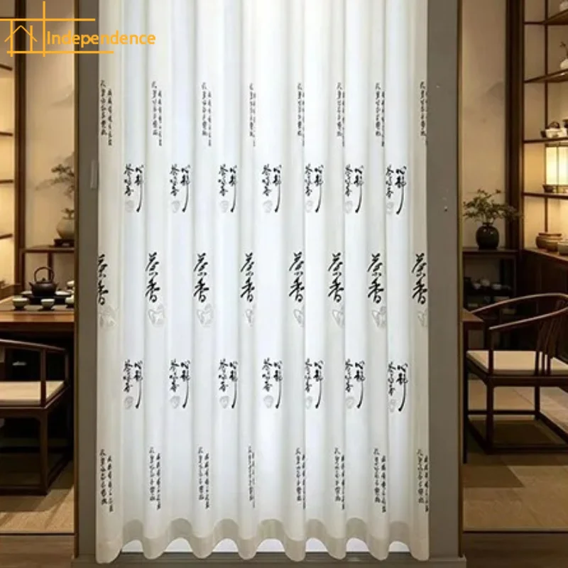New Chinese Calligraphy Embroidery White Screen Window Screen Curtains for Living Room Balcony Tea Room Study Floor Screen