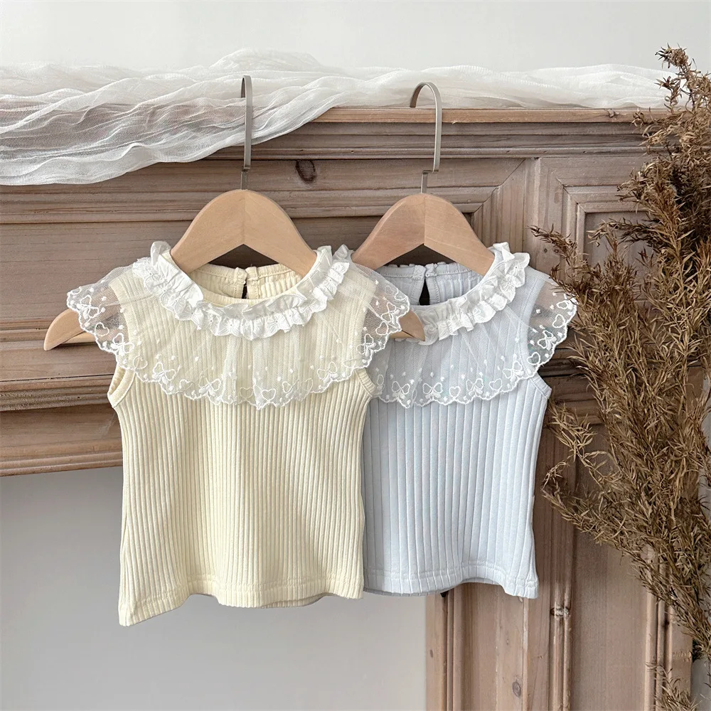 MILANCEL New Summer Baby T-shirt 6-24M Sweet Lace Collar Infant Girls Sleeveless Tee Pit Stripe Korean Toddler Clothes Tops
