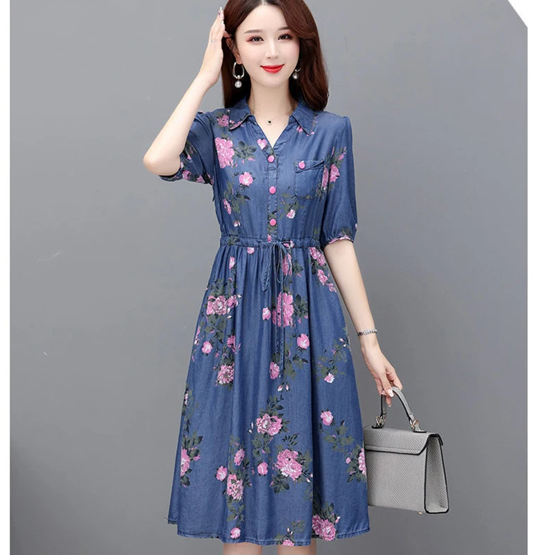 2024Summer Print Denim Dress Women\'s V Neck Short Sleeve Pocket Casual A Line Denim Dresses Street Bomber Jeans Vestidos Female