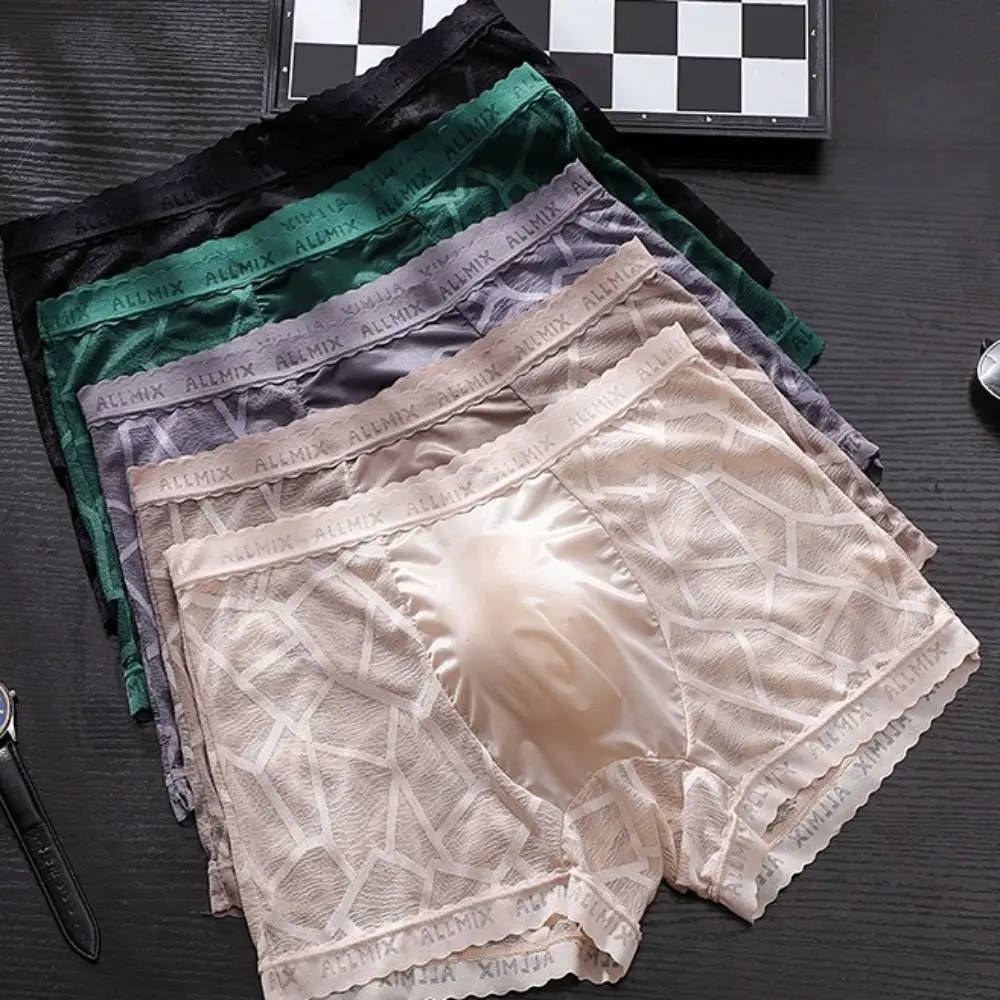 

Comfortable Low Waist Men Boxer Briefs Underpants Ice Silk Lace Shorts Boxers Summer Quick Dry Underwear for Men Gift