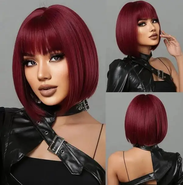 

Short Wine Red Bob Wigs For Women Burgundy Bob Wigs With Thick Bangs Heat Resistant Synthetic Wig