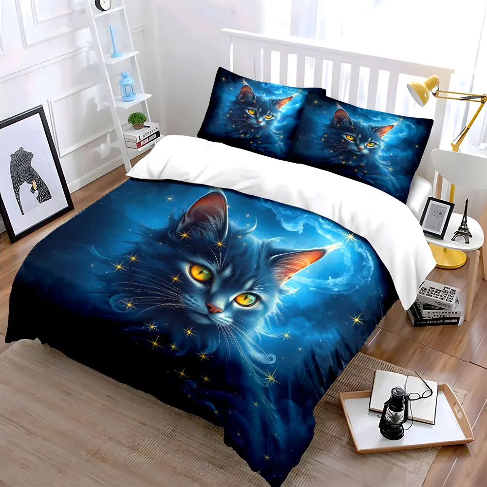 Mystical Cat in Blue Starry Sky Printed Duvet Cover Set1 Duvet Cover+2 PillowcaseMulti Size Bedroom Bedding Decoration