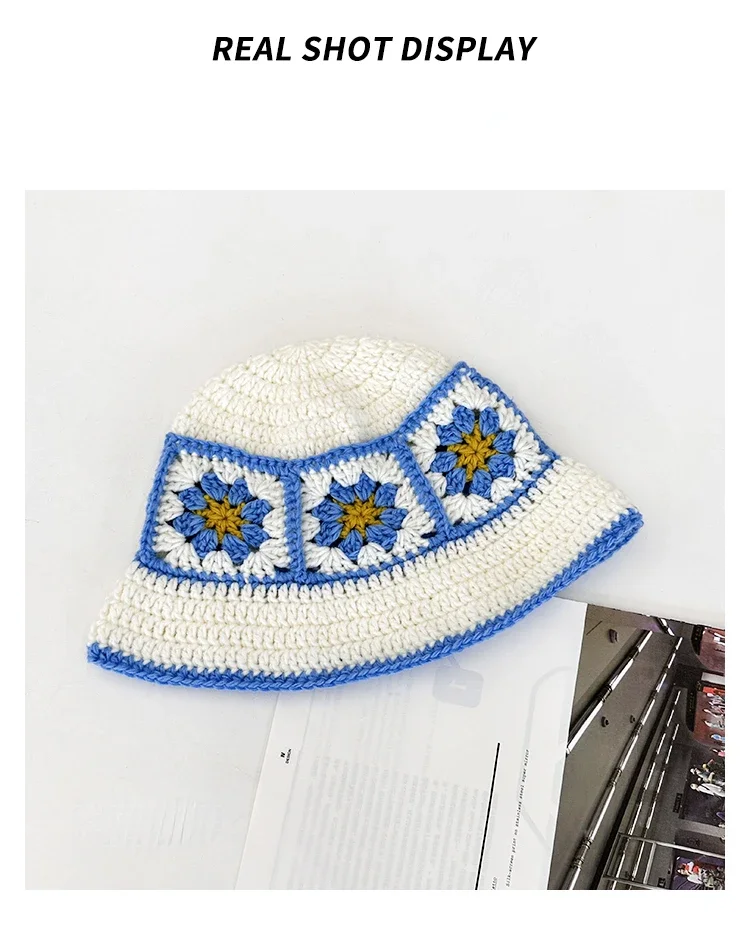 2026 NEU Japanische handgefertigte Blumen- und Karomuster-Häkel-Eimerhüte für Damen, Sommer-Fischermütze mit Farbkombination, gestrickte Strandmütze für Mädchen, Y2k – Detail 3