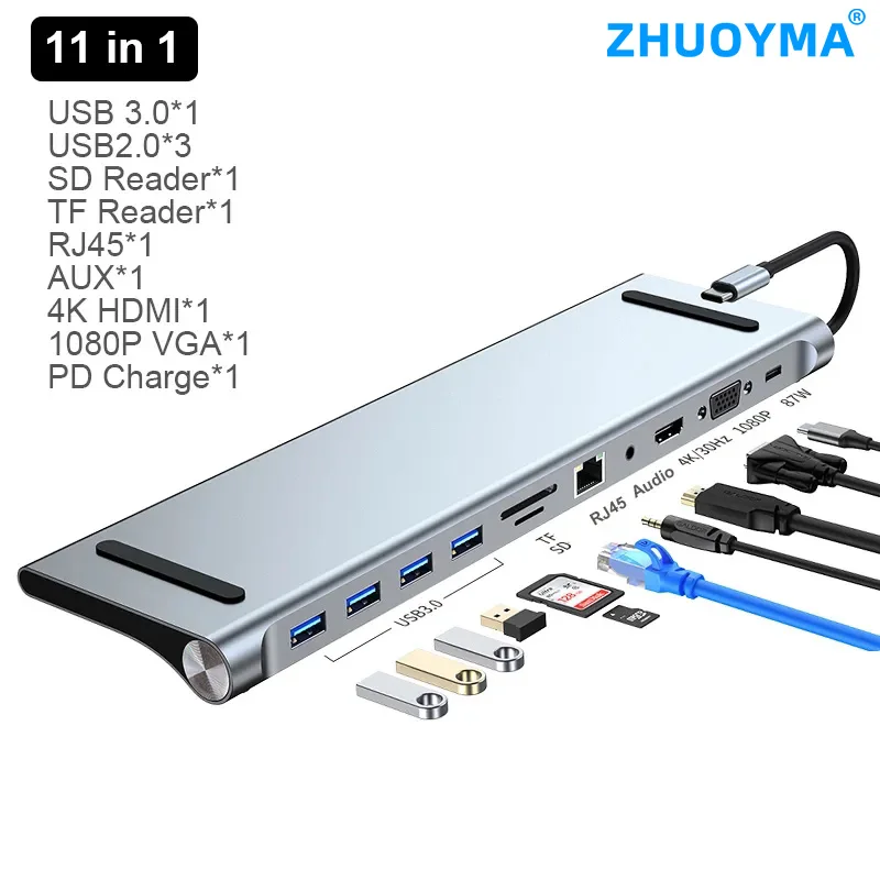 Imagem -02 - Usb tipo c Laptop Docking Station Hub 11-em1 Met pd sd tf Rj45 Divisor em Hdmi 4k 1080p Adaptador 87w Macbook da Huawei