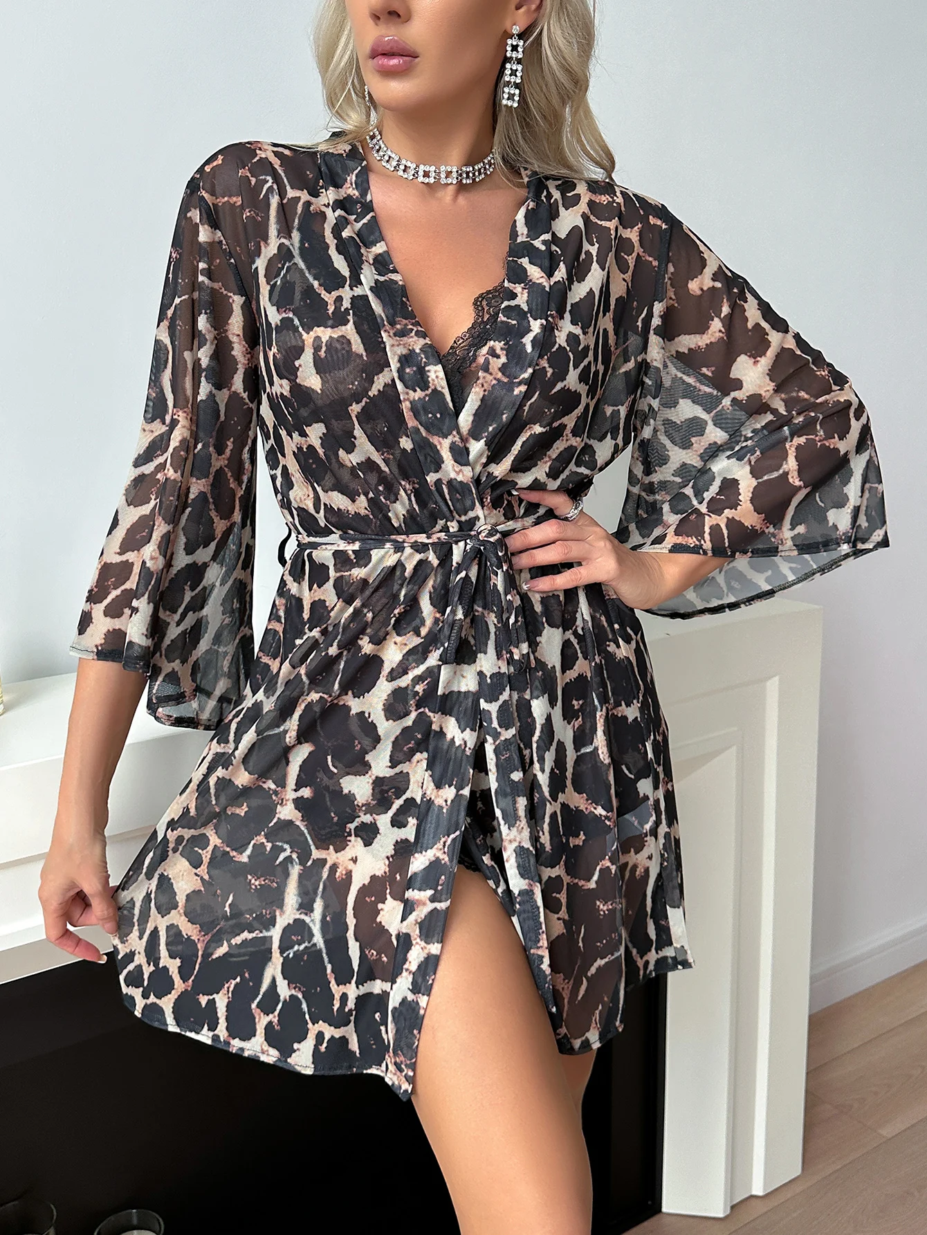 Leopard Print Short Nightgown Mesh Kimono Sheer Bath Robe Sexy Bathrobe Peignoir Femme Wedding Bride Bridesmaid Robe