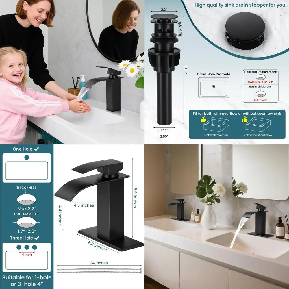 

Modern Matte Black Waterfall Faucet, Single Handle for 1 or 3-Hole Sinks, with Pop-Up Drain & Hoses