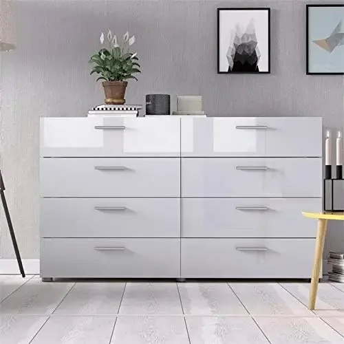 Engineered Wood 8 Drawer Double Dresser in Black / Oak / White High Gloss, Large Wood Dresser, Bedroom, Living Room Furniture