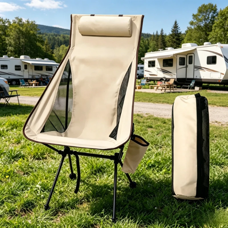 

Foldable high back camping chair in beige, comfy headrest, durable aluminum frame for fishing and outdoor daily relaxation