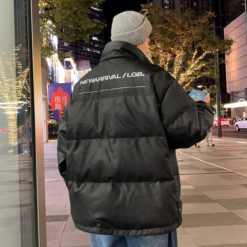 Men's down Jacket Winter Loose PU Leather Waterproof Bread Style Warm Outerwear Stand Collar Youth Couple Top