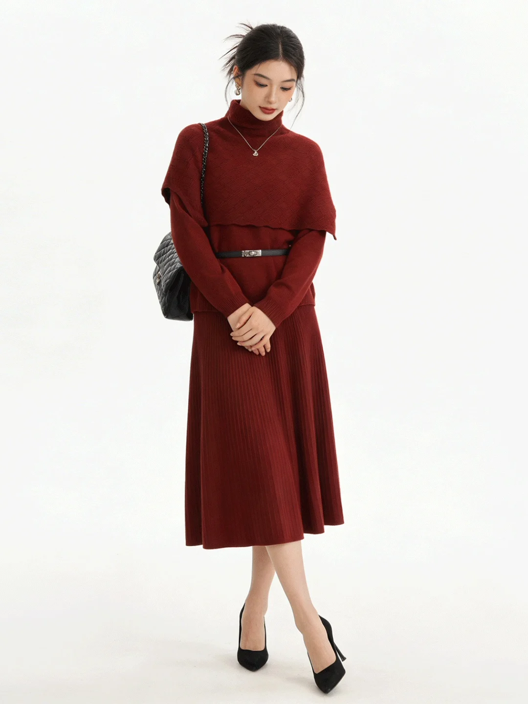 

Red Knitted Set High Collar Cowl Ne f Skirt Soft Skin-Friendly Early Spring Faionable Korean Sle Women's Ensemble