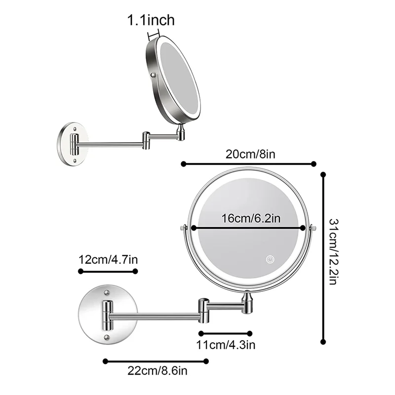 8In Chargeable Wall Mounted Vanity/Bathroom Double Side Mirror 1X/10X Enlarge LED&3Color Temp Touch Screen 360° Rotat A