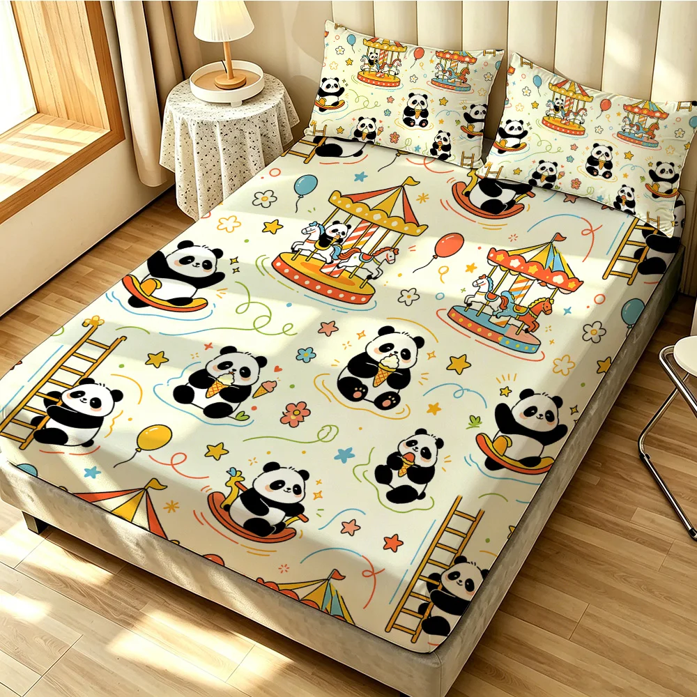 Amusement Park Panda Fitted Sheet 3PCS Set Cartoon Panda Print Bedding Set 1 Fitted Sheet + 2 Pillowcases for Bedroom