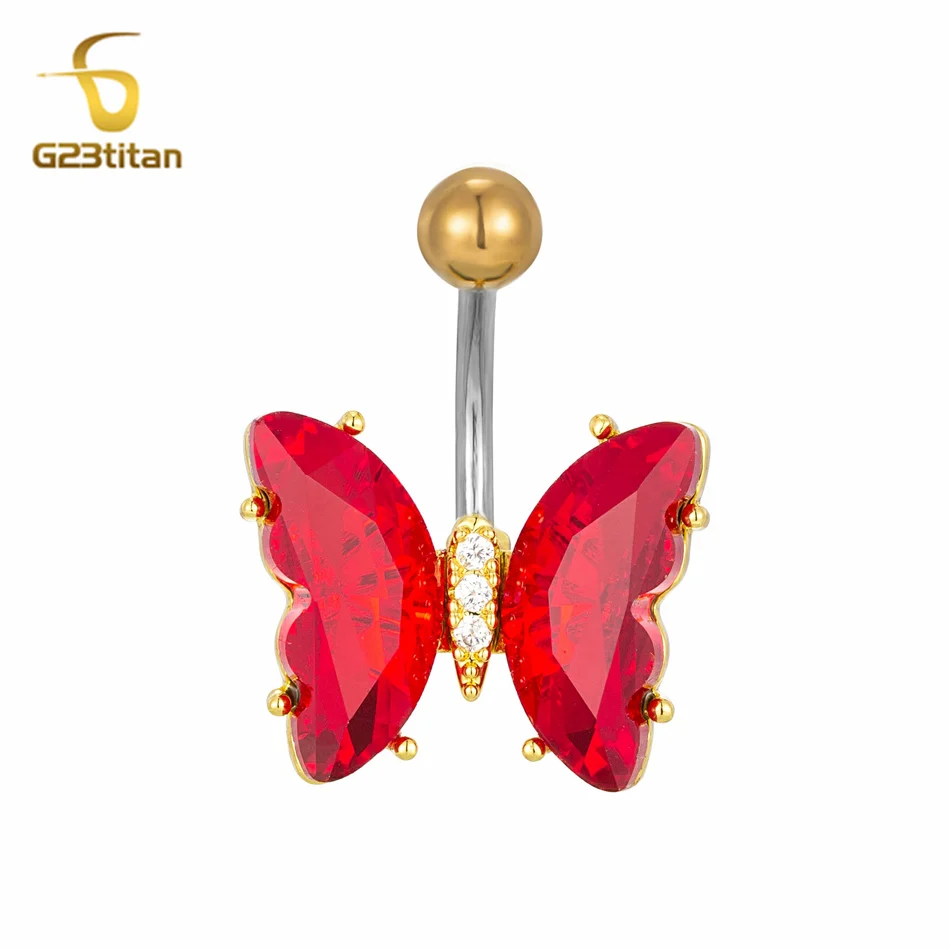 G23titan Women Summer Jewelry Red Crystal Butterfly Navel Ring 14G Titanium Steel Belly Button Bar Body Piercing Sexy Accessory