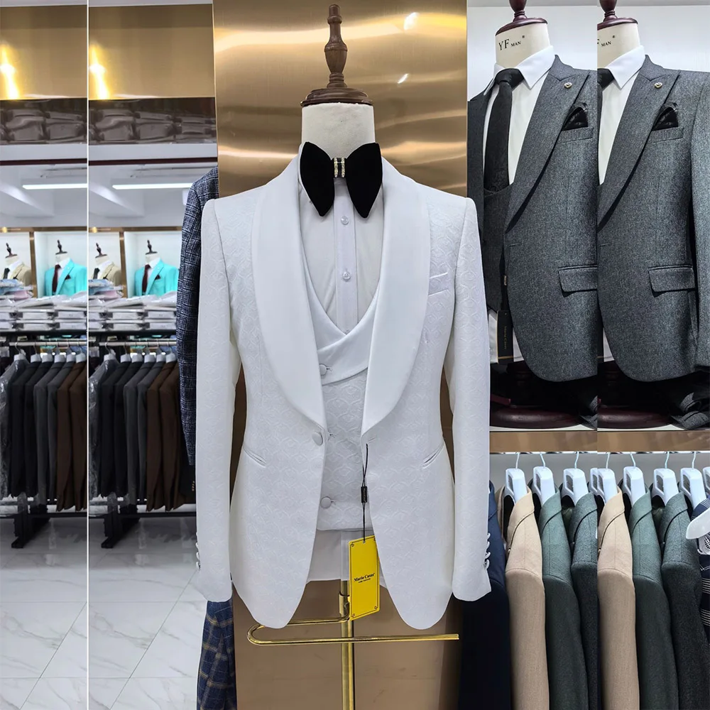 White Luxury Jacquard Fabric Men's Suits Elegant Shawl Lapel One Button Slim Fit 3 Piece Jacket Pants Vest Full Sets Costume