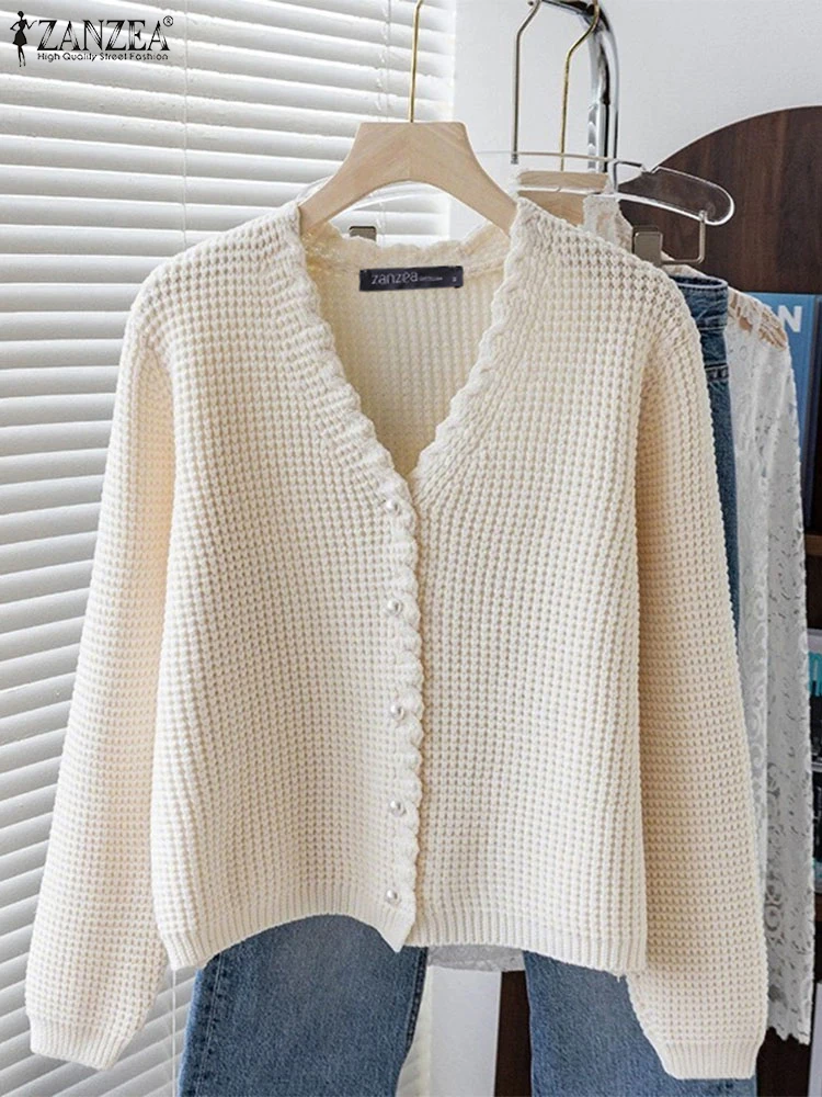 

Вязаный кардиган с v-образным вырезом, женские модные свитера ZANZEA, осень 202, однотонные джемперы с длинными рукавами, повседневные тонкие вязаные пальто