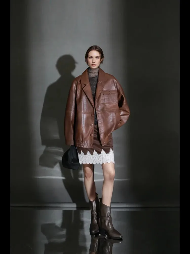 Lautaro ฤดูใบไม้ผลิฤดูใบไม้ร่วงขนาดใหญ่กันน้ํา Distressed สีน้ําตาล Pu แจ็คเก็ตหนังผู้หญิงเดี่ยว Breasted Luxury Designer เสื้อผ้า 2025