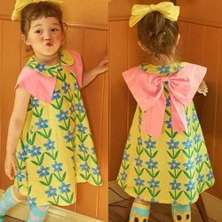 Summer 2-8T Baby Girl Dress Cute Big Bowknot Doll Neck Sleeveless Kids Sweet Princess Dress Floral Print Casual Dress