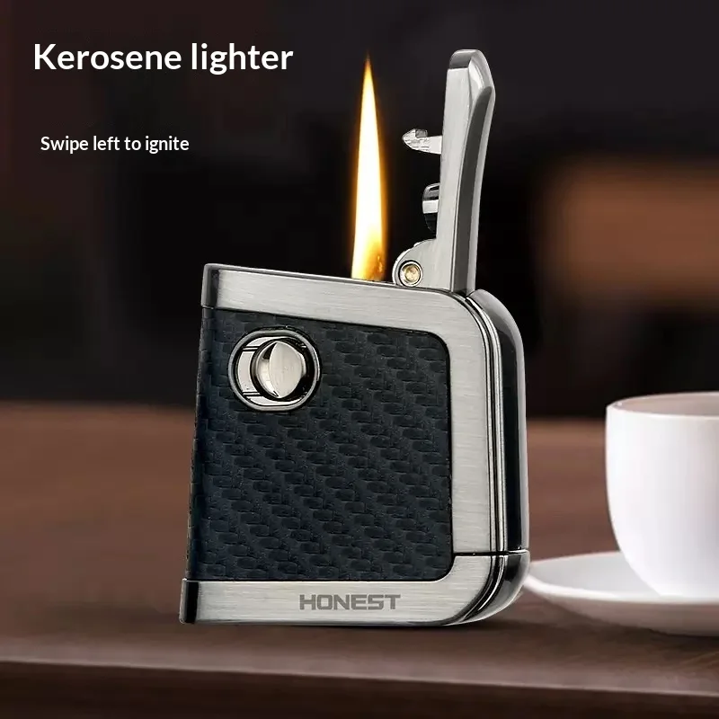 VENTE FLASH HONEST Briquet à kérosène à flamme nue, motif métal et cuir, allumage à un clic, haut de gamme, rétro, cadeaux pour hommes
