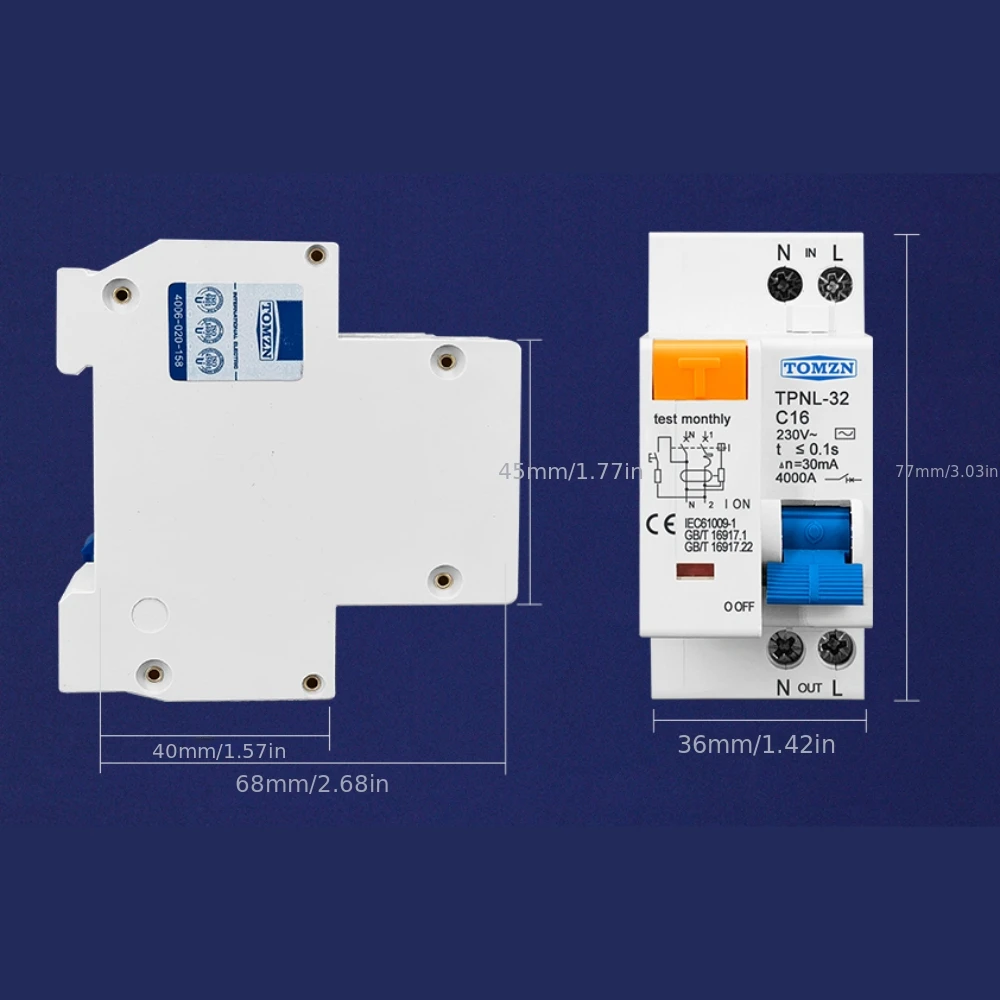 TOMZN 1PCS TPNL DPNL 1P+N 32A 230V~ 50HZ/60HZ Residual current Circuit breaker with over current and Leakage protection RCBO