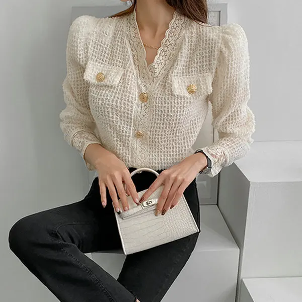 

Ele Long Sve V-Ne irt Lace Trim Autumn Winter Beautiful Gold Button Wfle Pattern Women's Premium Faion irt