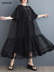 Black Vintage Mesh Patchwork Dresses For Women 2026 Summer New Short Sleeve Loose Casual Midi Dress Robe Fashion Elegant Clothes
