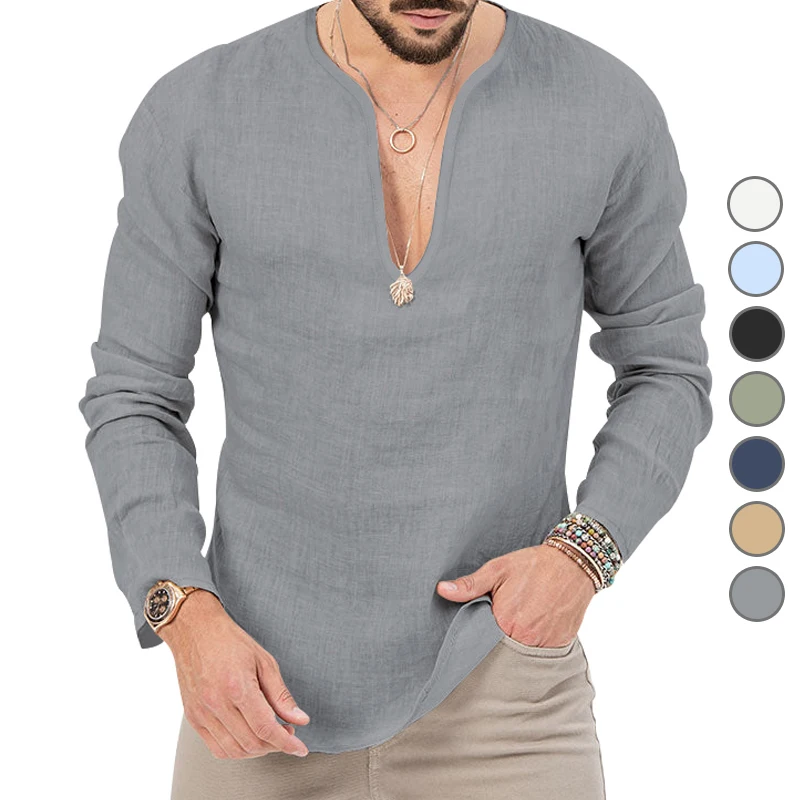 Men\'s Spring/Summer Large casual tropical cotton and linen deep V-neck solid color large sleeved T-shirt shirt