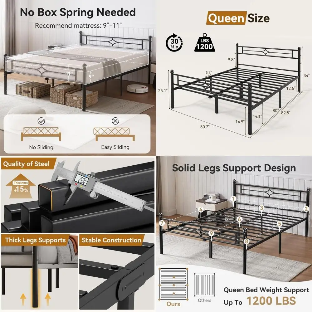 

Queen Size Metal Bed Frame with Headboard, Footboard, and Platform Support - 12.5 Storage, No Box Spring, Easy Assembly, Black