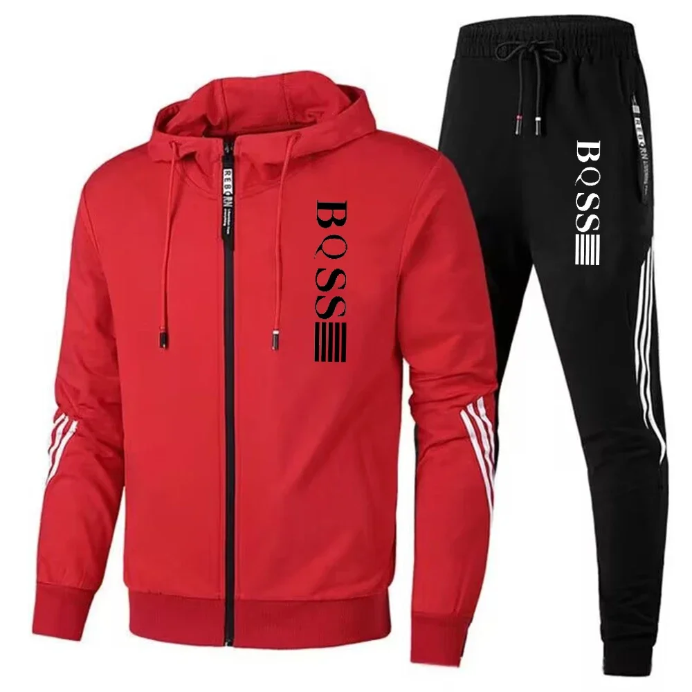 

New spring and autumn men's hooded jacket + trousers two-piece set, stylish outdoor jogging zipper men's casual sports suit