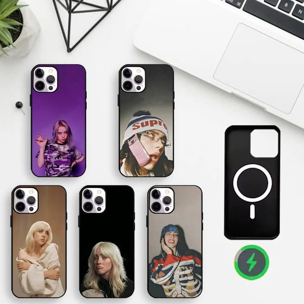 

S-Singer B-Billie Eilish Phone Case For iPhone17,16,15,14,13,12,11 Max Black Wireless Charging Protecitve Cover