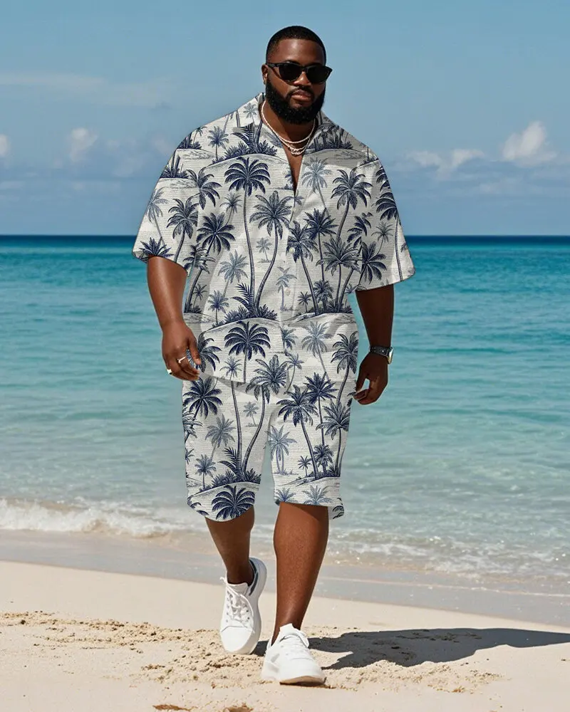

S-9XL Big and Tall Men Vintage Tropical Palm & Floral Print Hawaiian Shirt Shorts Set