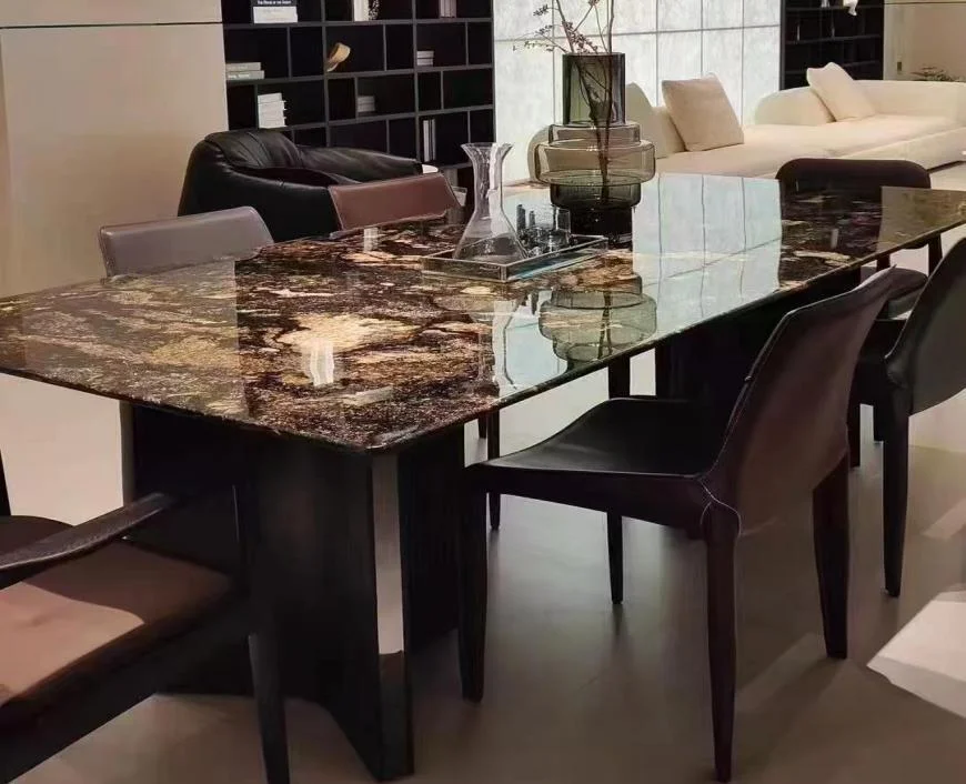 

#Natural Platinum Gold Diamond Luxury Stone Italian Light Luxury High-End Modern Rectangular Marble Dining Table with Metal Legs