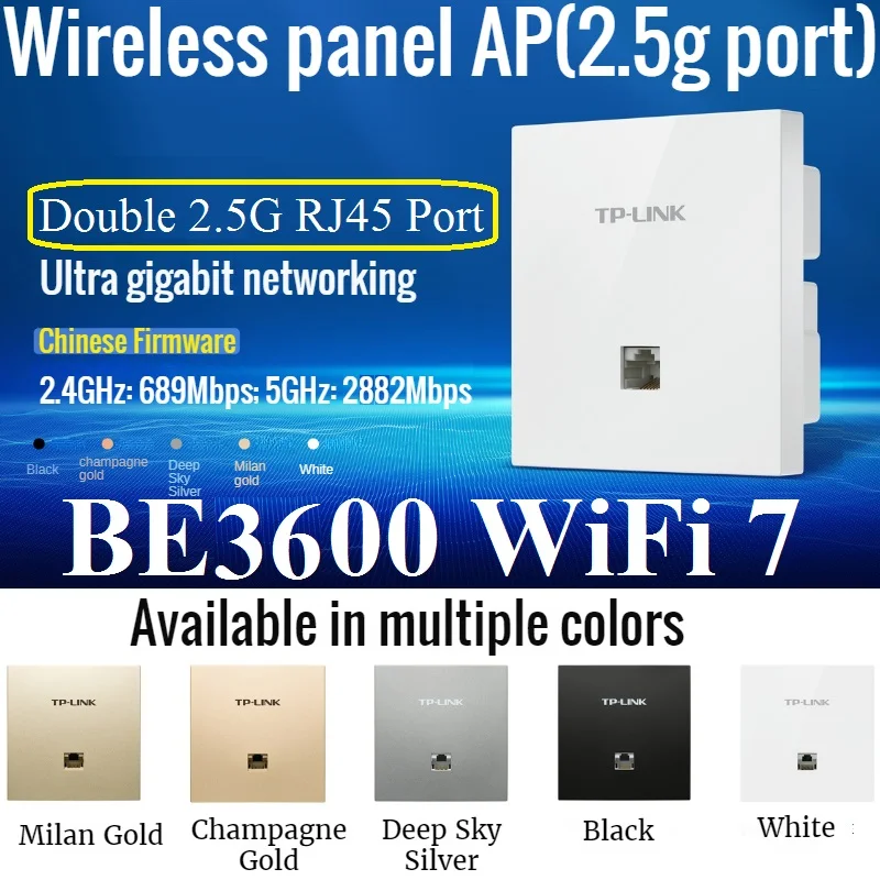 

Dual 2.5G RJ45 Port BE3600 WiFi 7 Panel AP, 3571Mbps in Wall AP WiFi7 project Indoor AP 802.11be Access Point 2.4G 689M 5G 2882M