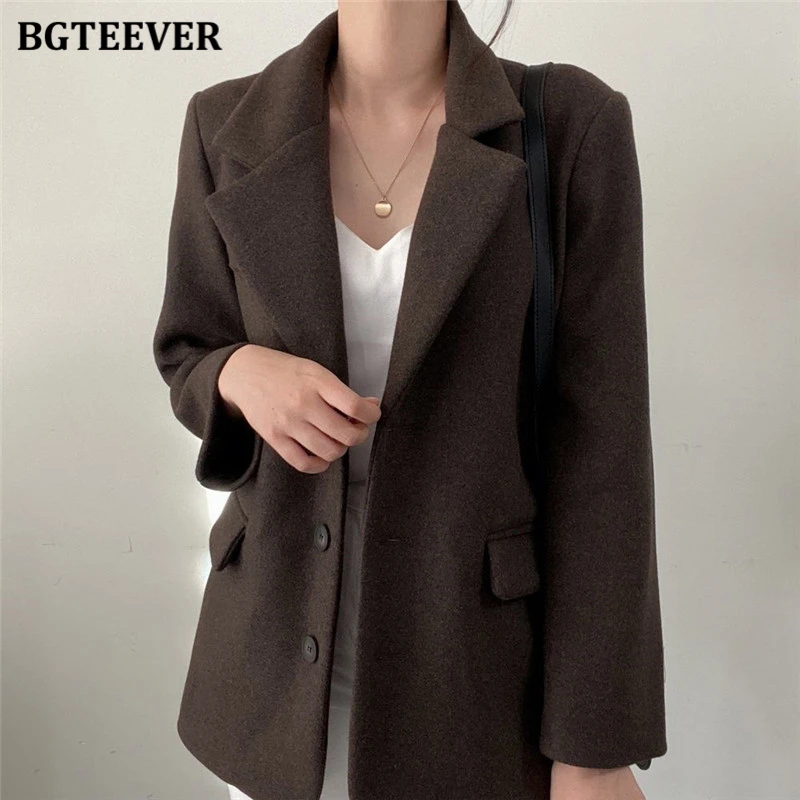 BGTEEVER Elegant Thicken Warm Loose Female Blazer Autumn Winter Stylish Long Sleeve Pockets Women Woolen Jackets