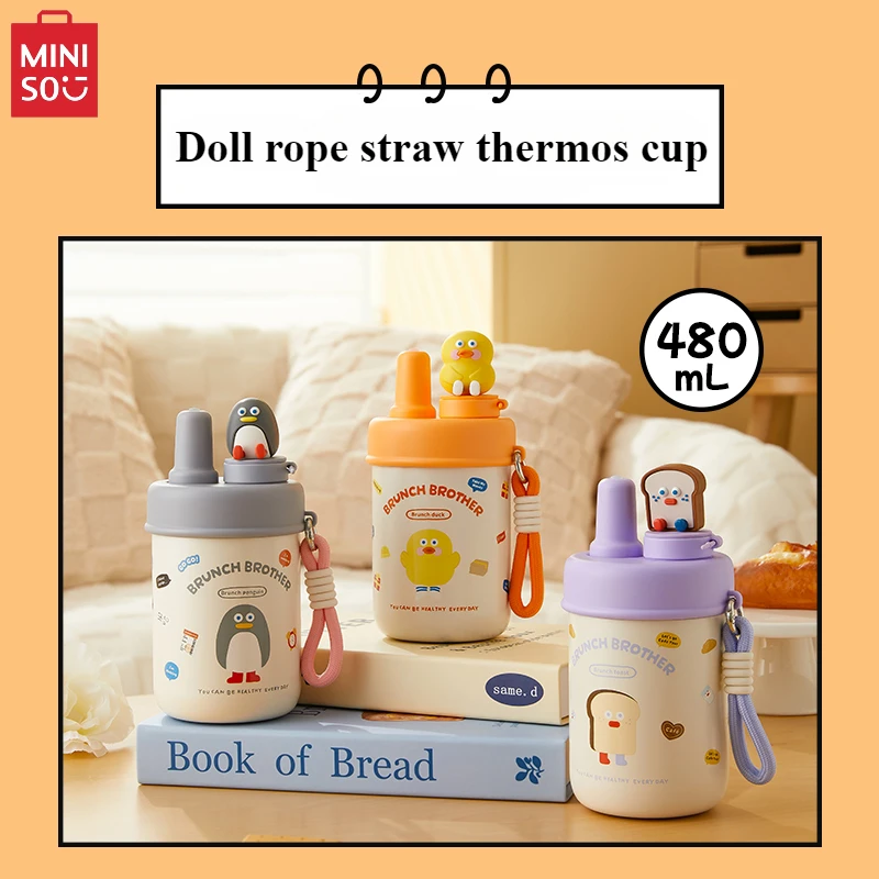 MINISO Brunch Brother Series Doll Rope Straw Thermos Cup Cute Portable Penguin Drink Coffee  Children's Toy Christmas Gift