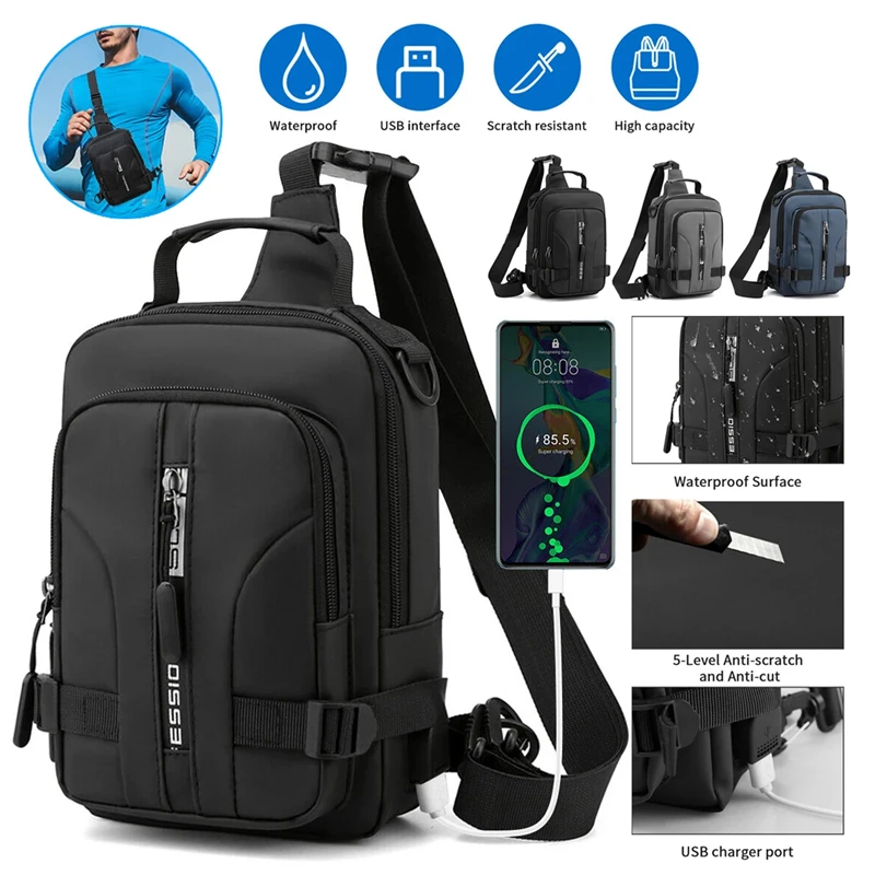 Men's Sling Crossbody Bag Anti-theft Chest Shoulder Messenger Backpack with USB Port for Outdoor Sports Traveling