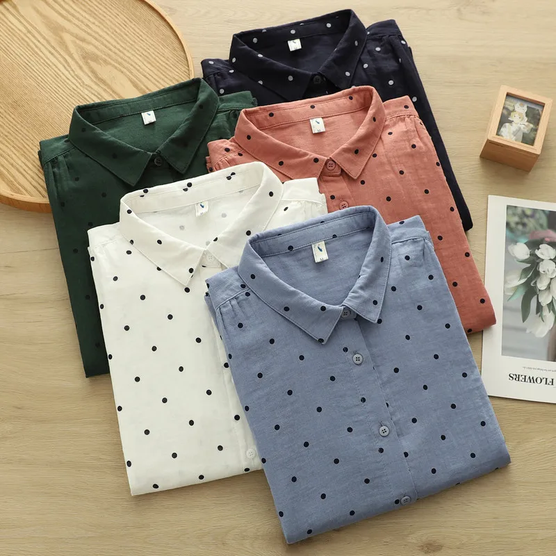 

Autumn women clothing two layer 100% cotton yarn green polka dot print shirts long sleeve blouses for women tops lady clothes