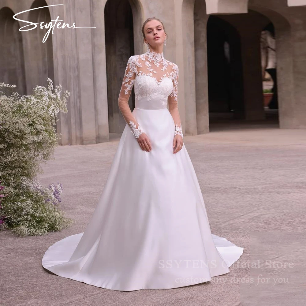

SSYTENS Luxury Wedding Dresses Princess Illusion Long Sleeves High Neck Applique Bridal Dress 2026 Backless Bride Gown Customizd