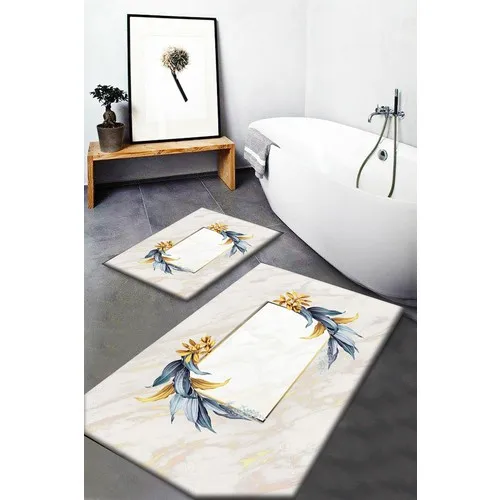 Else Carpet Else Blue Yellow Floral Pattern Washable Anti-Slip Soles 2li Bath Mat Doormat Toilet Seat Pad