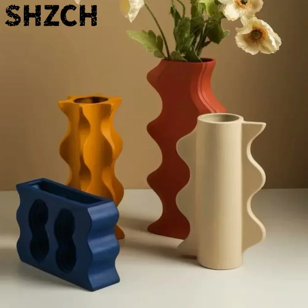 Flower Vase Ceramic Geometric Ornaments Wave Dinning Room Bedroom Tabletop Decor Jarrones pot de fleur сухоцветы