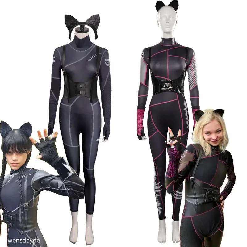 Wednesday Addams Black Cat Jumpsuit Cosplay Costume Headband Outfits Halloween Carnival Party Suit For Girls Women OI440