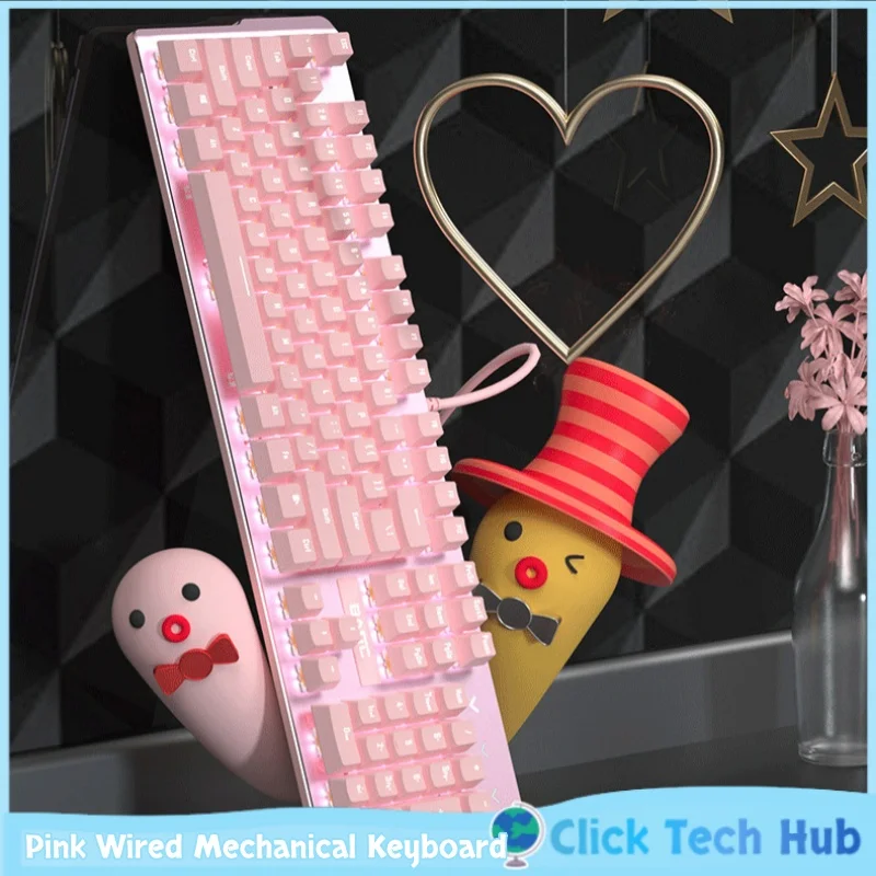 

2025 Snow Moon Girl Pink Wired Mechanical Keyboard Metal Panel 104 Keys Abs Dual Color Injection Molding E-Sports Game Keyboard