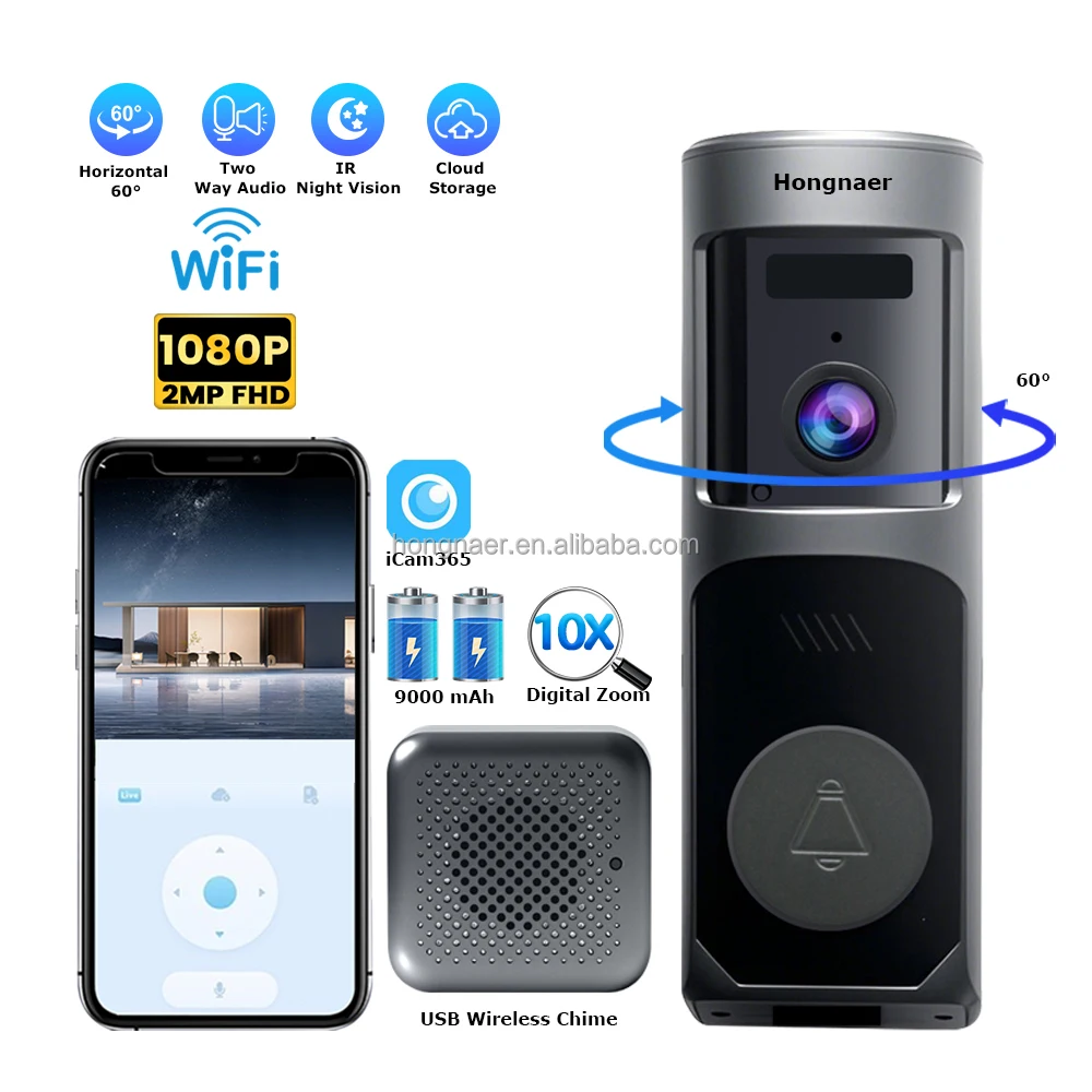 2MP WiFi casa intercomunicador con batería timbre de puerta inteligente timbre cámara ICam365 WiFi timbre de vídeo inalámbrico inteligente