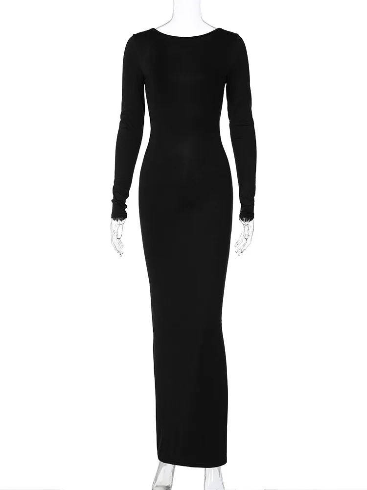 Hugcitar Lente Elegante Lange Mouw Backless Solid Cuched Sexy Bodycon Maxi Prom Jurk Vrouwen Outfit Avondfeest Festival Y2K