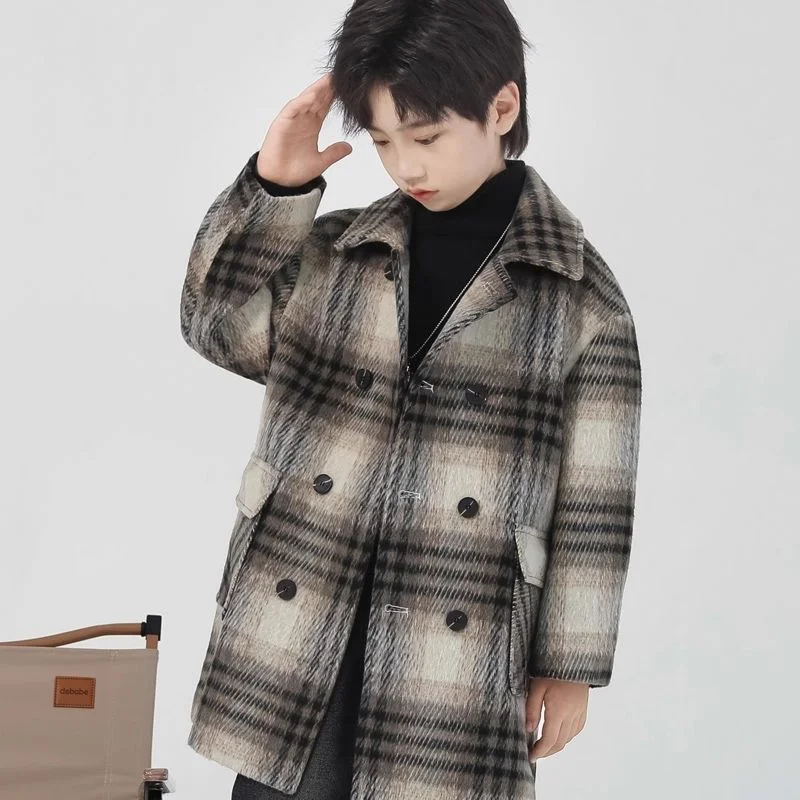 

Boys Woolen Coat Overcoat Jacket Windbreak 2024 Cool Warm Plus Thicken Autumn Winter Cotton School Children's Clothing