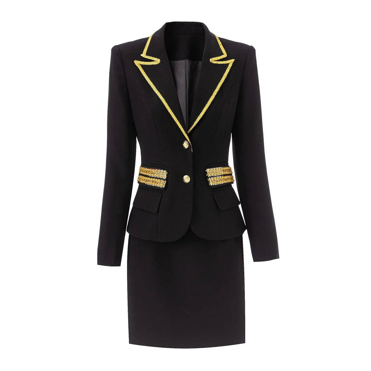 

Высококачественный профессиональный женский костюм в черном золотом цвете, схема золотого украшения, рабочее место TRAF, новинка 202, одежда серии miu