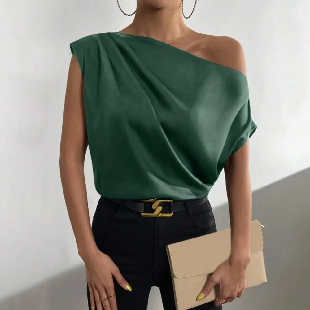 Solid Color Shirt Smooth Satin Off-shoulder Women's Blouse Irregular Boat Collar Top for Casual Dating Sleeveless Simulated Silk