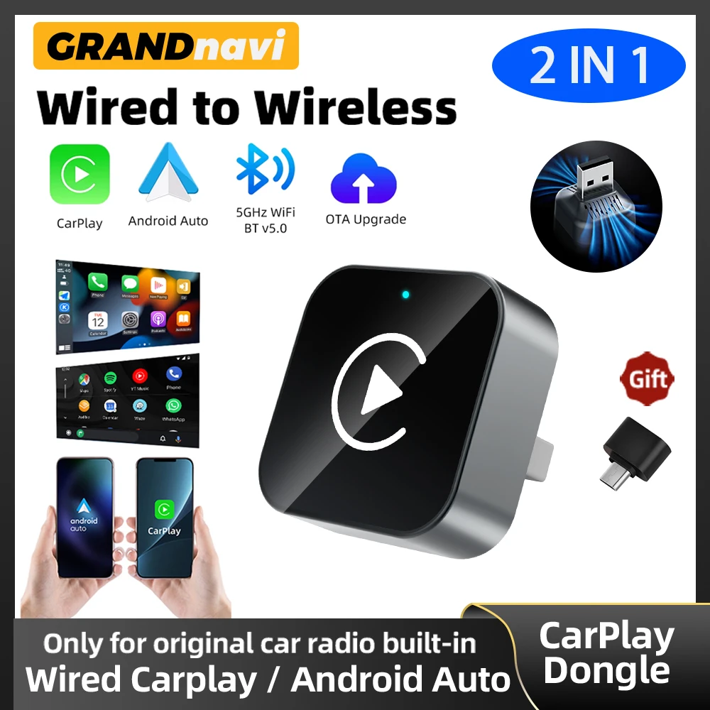 Adaptador Dongle USB/Type-C 2 em 1 Sem Fio CarPlay Android Auto Smart Box Plug and Play para VW Toyota Nissan Honda Ford Benz KIA 2026