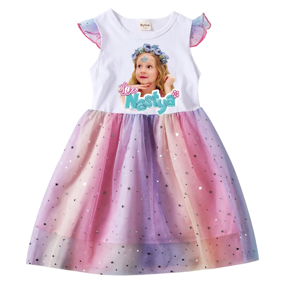 Kawaii Russian Like Nastya Clothes Kids Short Sleeve Casual Dress Baby Girls Lace Dress & Wreath Children Wedding Party Vestidos