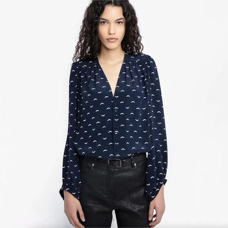 Zadig Woman Blouse Casual Long Sleeve V-Neck Blouse Shirts Top Female Loosen Silk Fashion Wings Navy Blue Summer Shirts Clothing